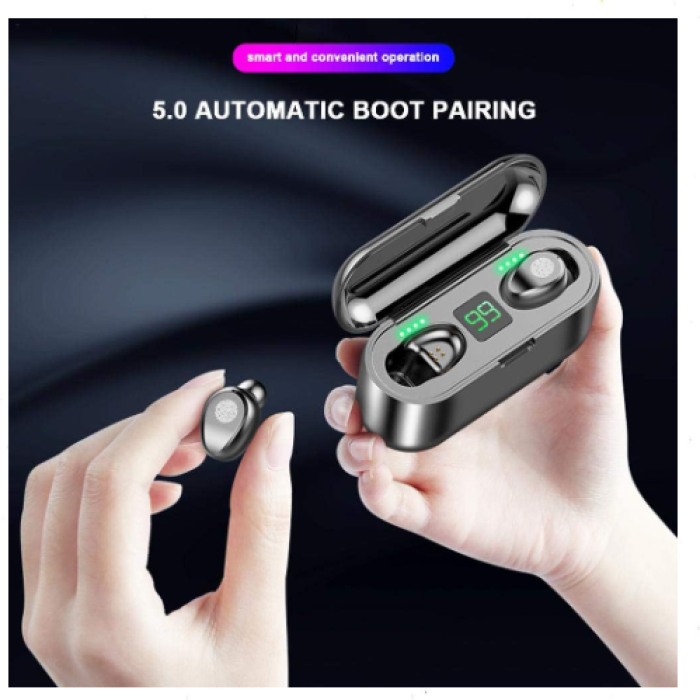 ⁦سماعات F9 TWS بلوتوث 5.0 لاسلكية مقاومة للماء IP54 – f9 earbuds مع ضمان 3 شهور، شاشة LED، مانعة للضجيج، مايك مزدوج، عمر بطارية 85 ساعة، متوافقة مع أندرويد و آيفون – لون أسود⁩ - الصورة ⁦3⁩