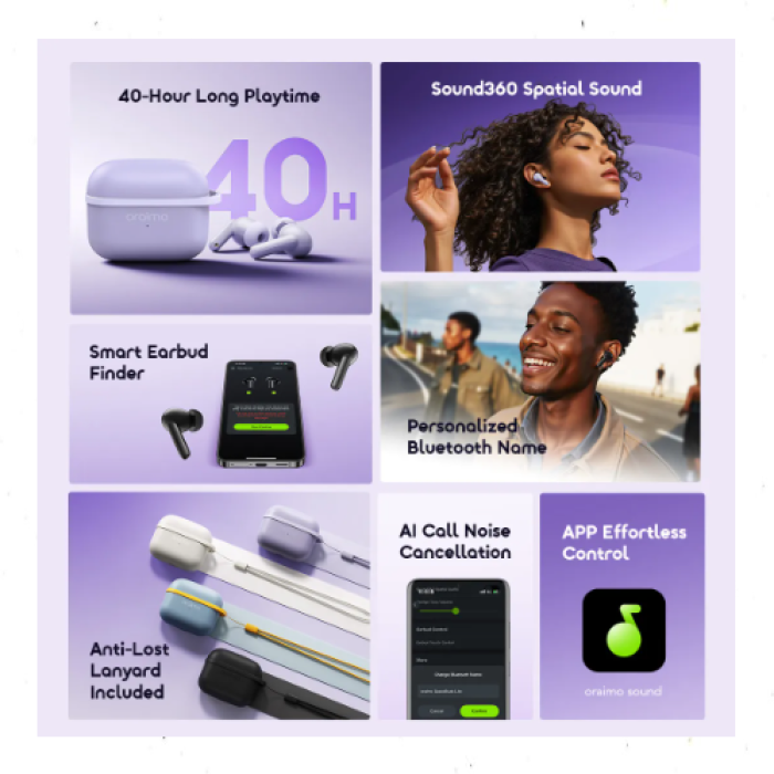 ⁦سماعات Oraimo SpaceBuds Lite OTW-324 بنفسجي | لاسلكية مانعة للضجيج | مقاومة للماء - 40 ساعة | Sound360 | ضمان عام⁩ - الصورة ⁦2⁩